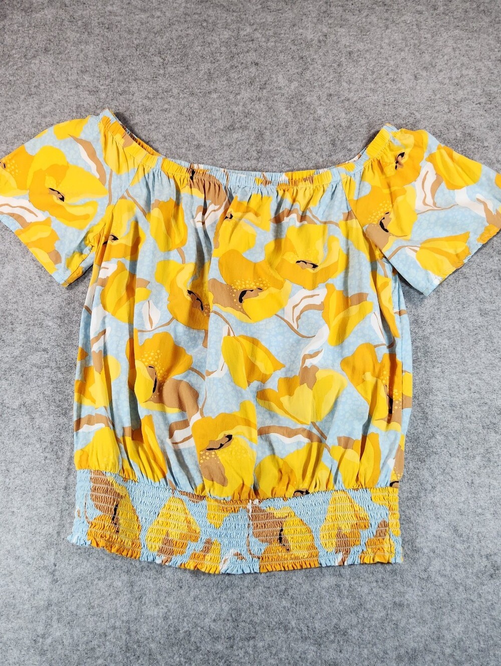 Ann Taylor Factory Yellow & Light Blue Floral Off-Shoulder Top Size Medium